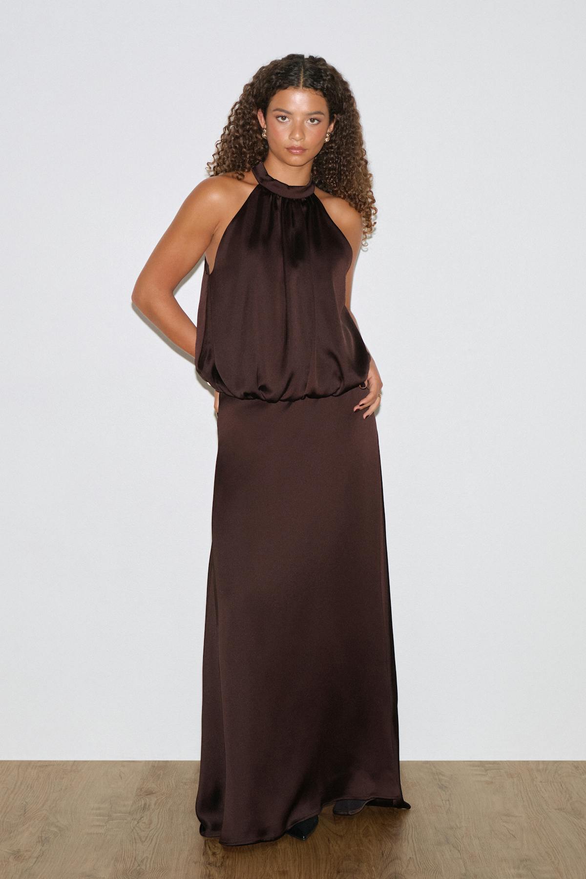 Satin halterneck maxi dress - Chocolate plum