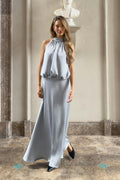 Satin halterneck maxi dress - Bleu clair