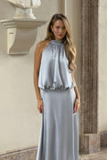 Satin halterneck maxi dress - Bleu clair