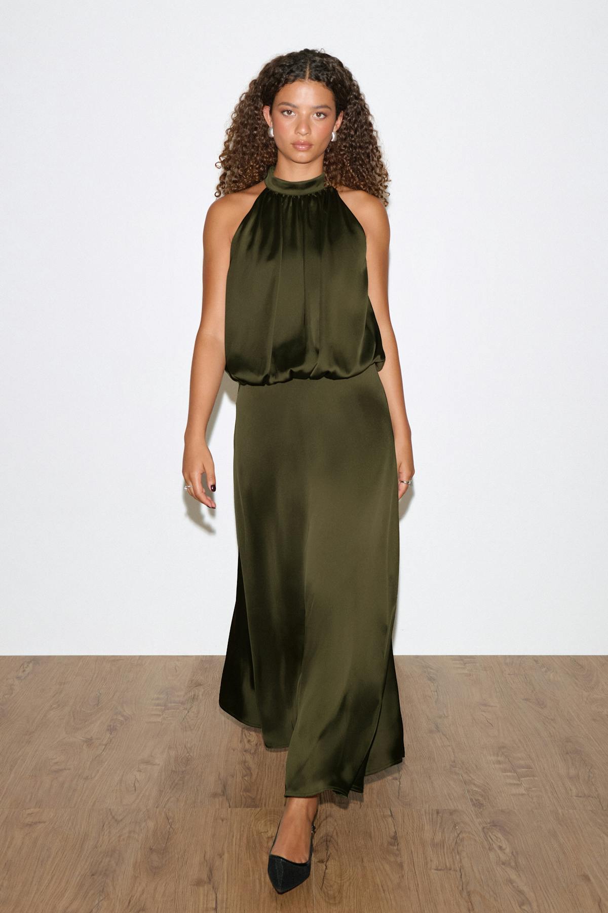 Satin halterneck maxi dress - Vert foncé