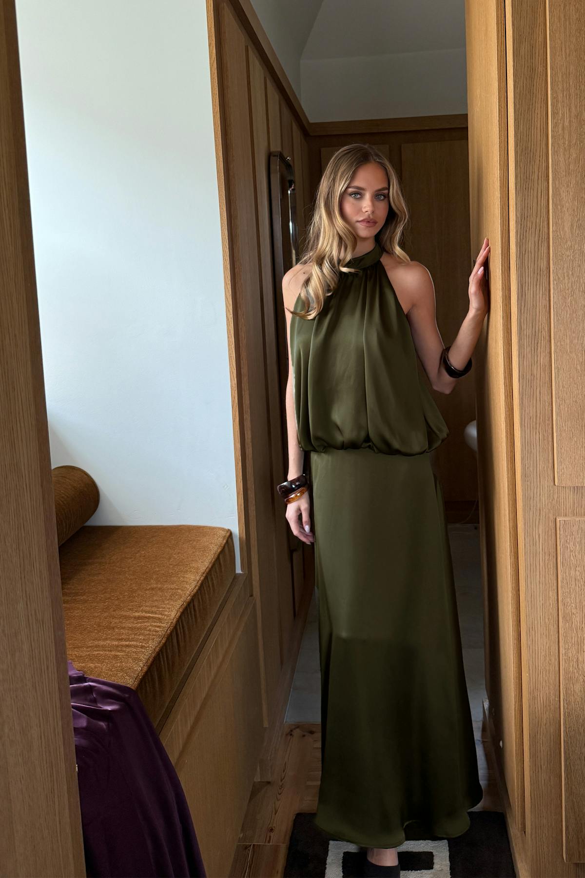 Satin halterneck maxi dress - Vert foncé
