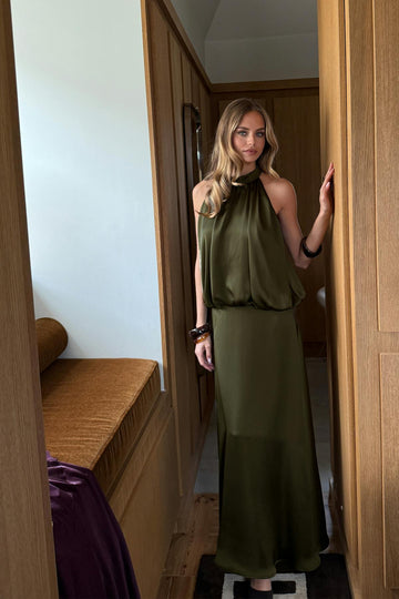 Satin halterneck maxi dress - Vert foncé