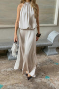 Satin halterneck maxi dress - Bleu clair
