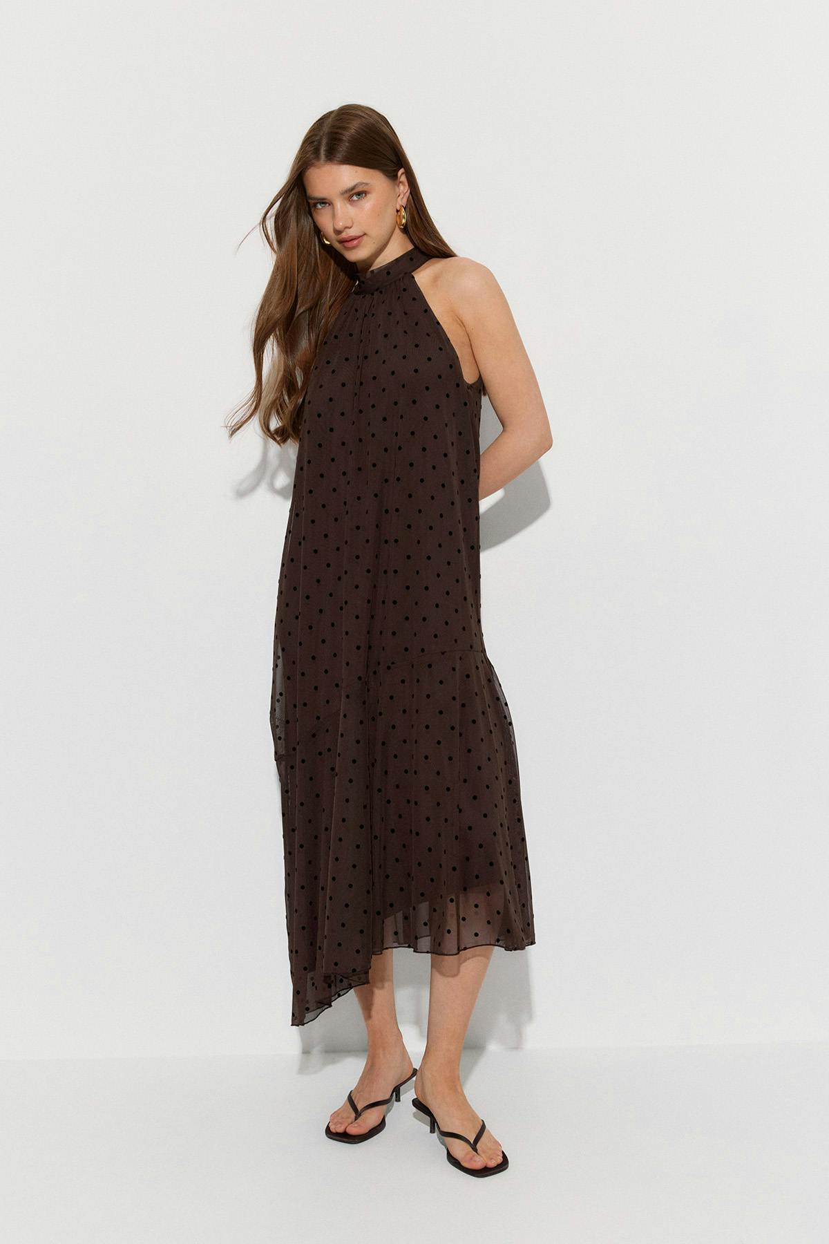 Halterneck asymmetric dress - Brown dot aop