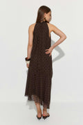 Halterneck asymmetric dress - Brown dot aop