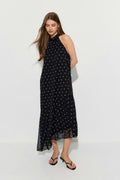 Halterneck asymmetric dress - Brown dot aop