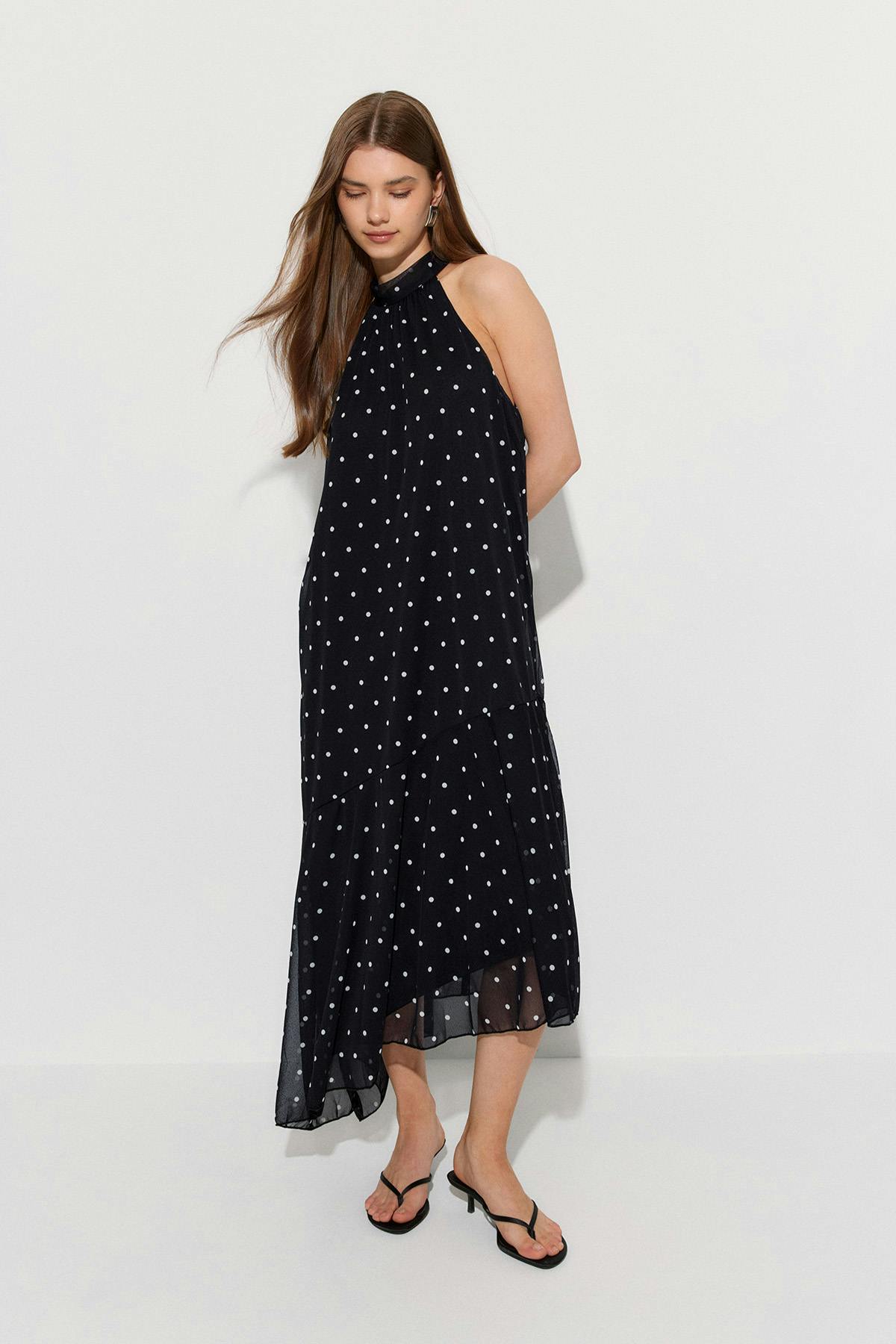 Halterneck asymmetric dress - Brown dot aop