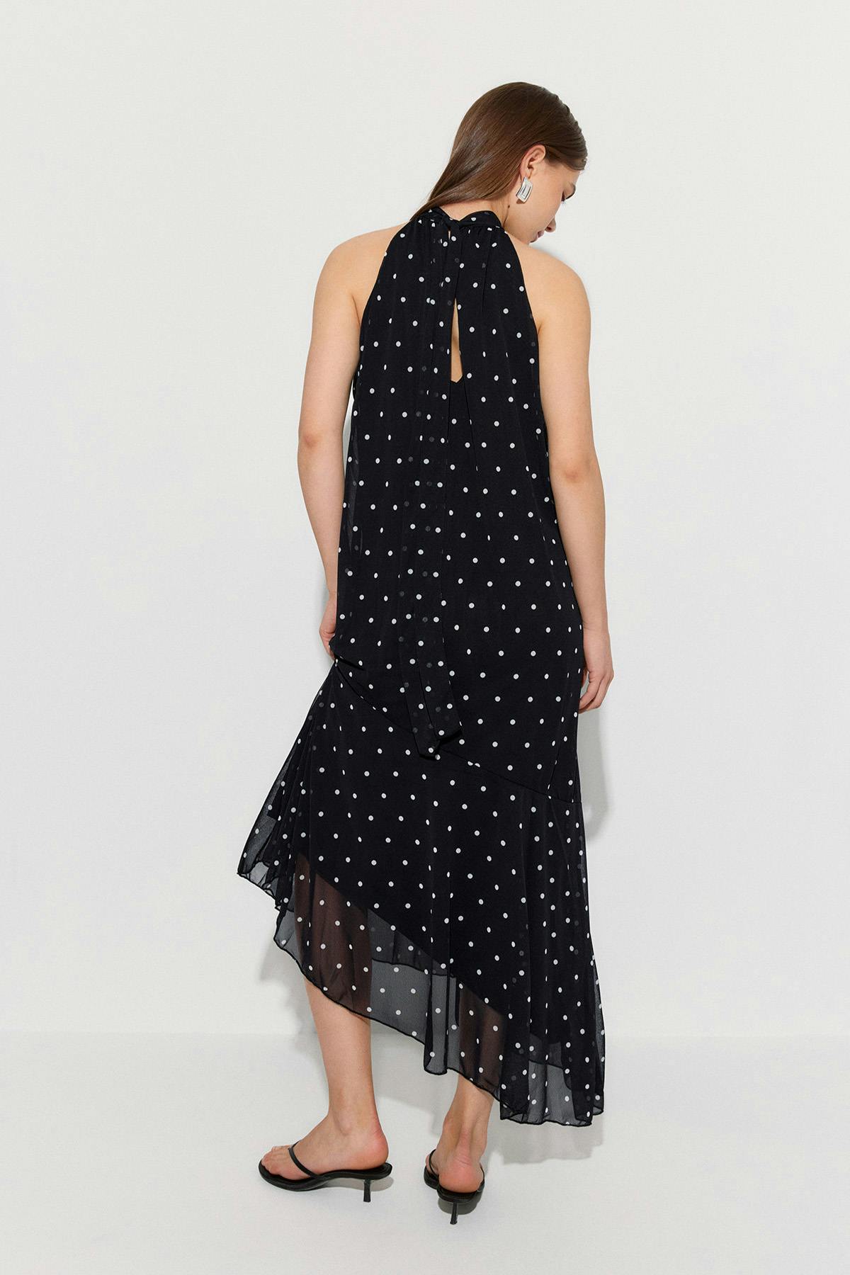 Halterneck asymmetric dress - Black/white dot