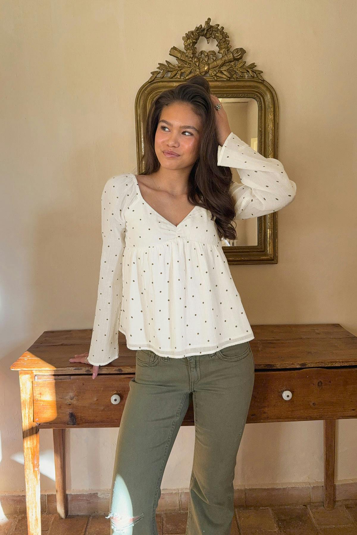 Y heart shape blouse - Brown dot aop