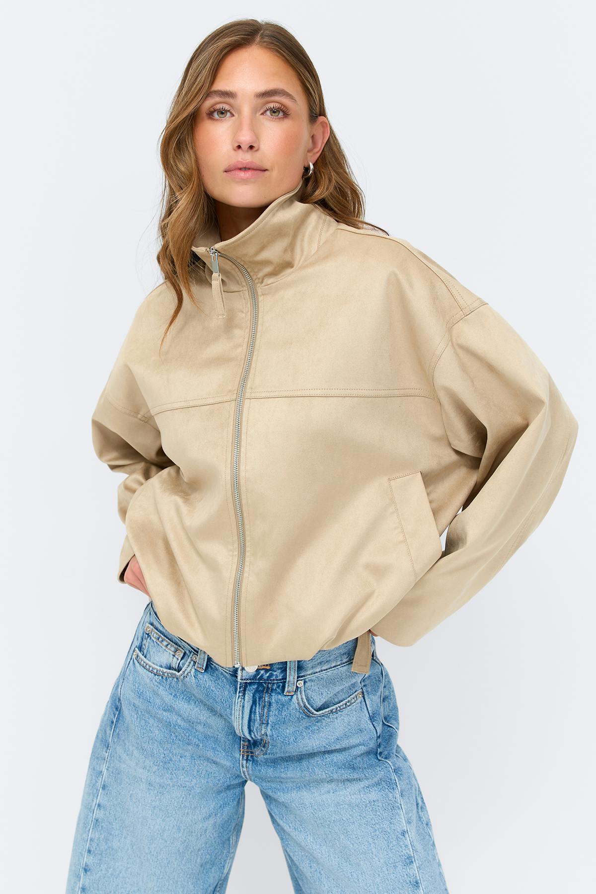 Faux suede high neck jacket - Olive green