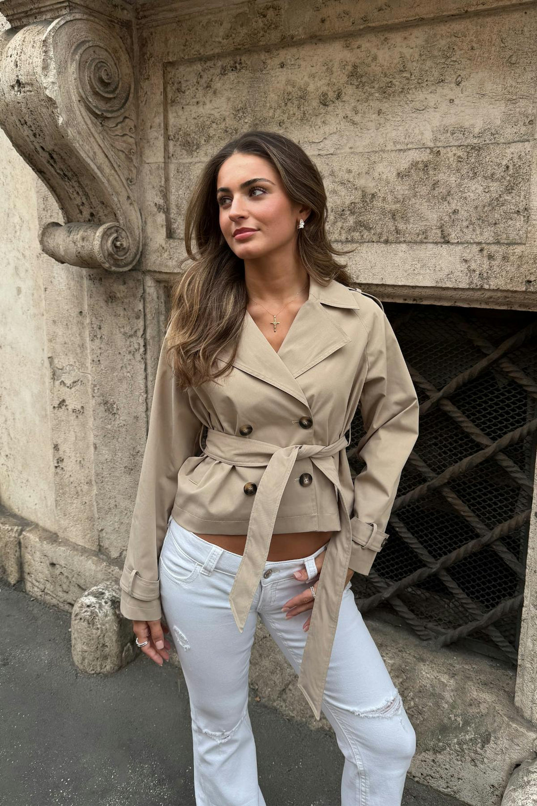 14+ short belted trench jacket - Beige
