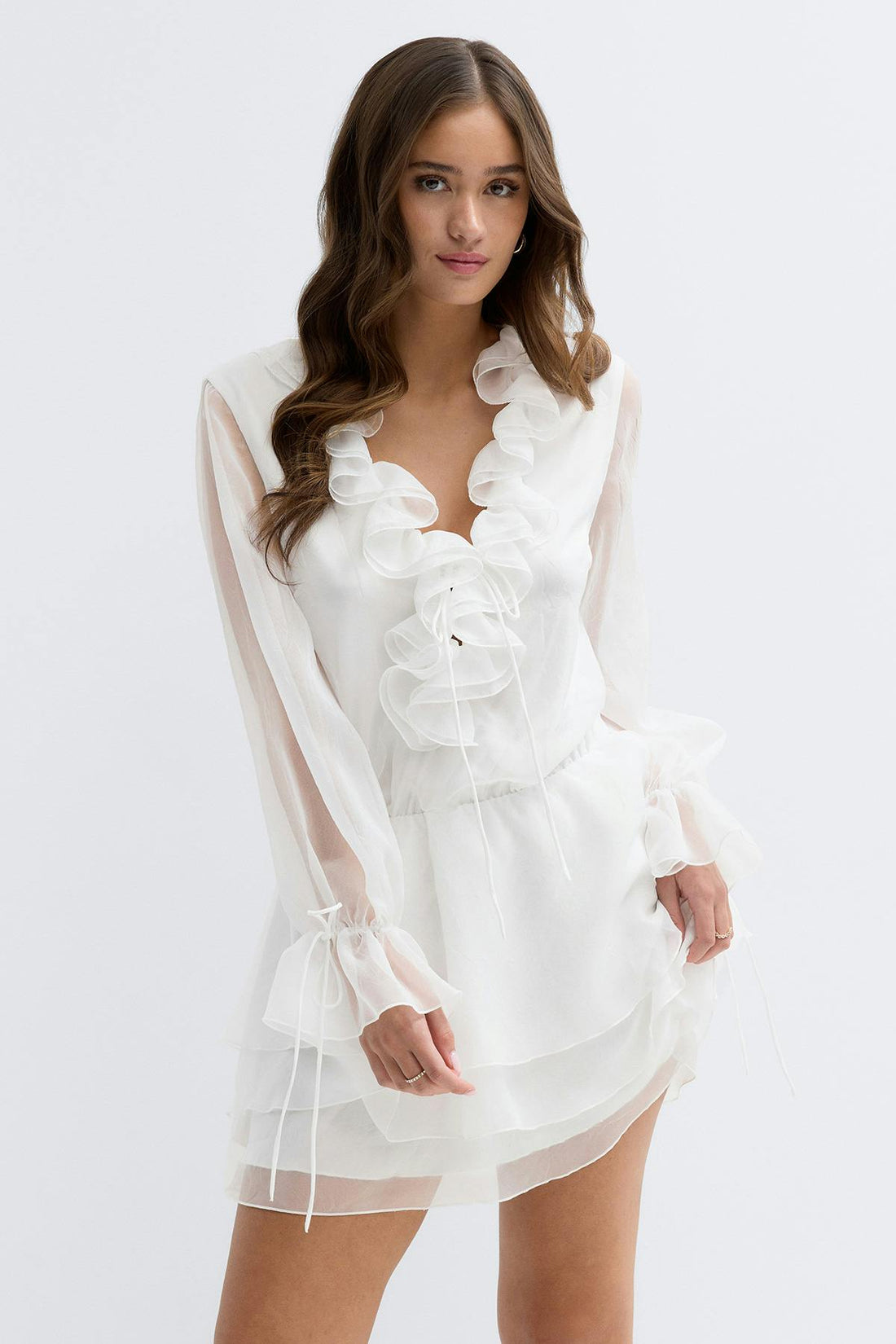 Long sleeve frill mini dress - Blanc cassé
