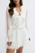 Long sleeve frill mini dress - Blanc cassé