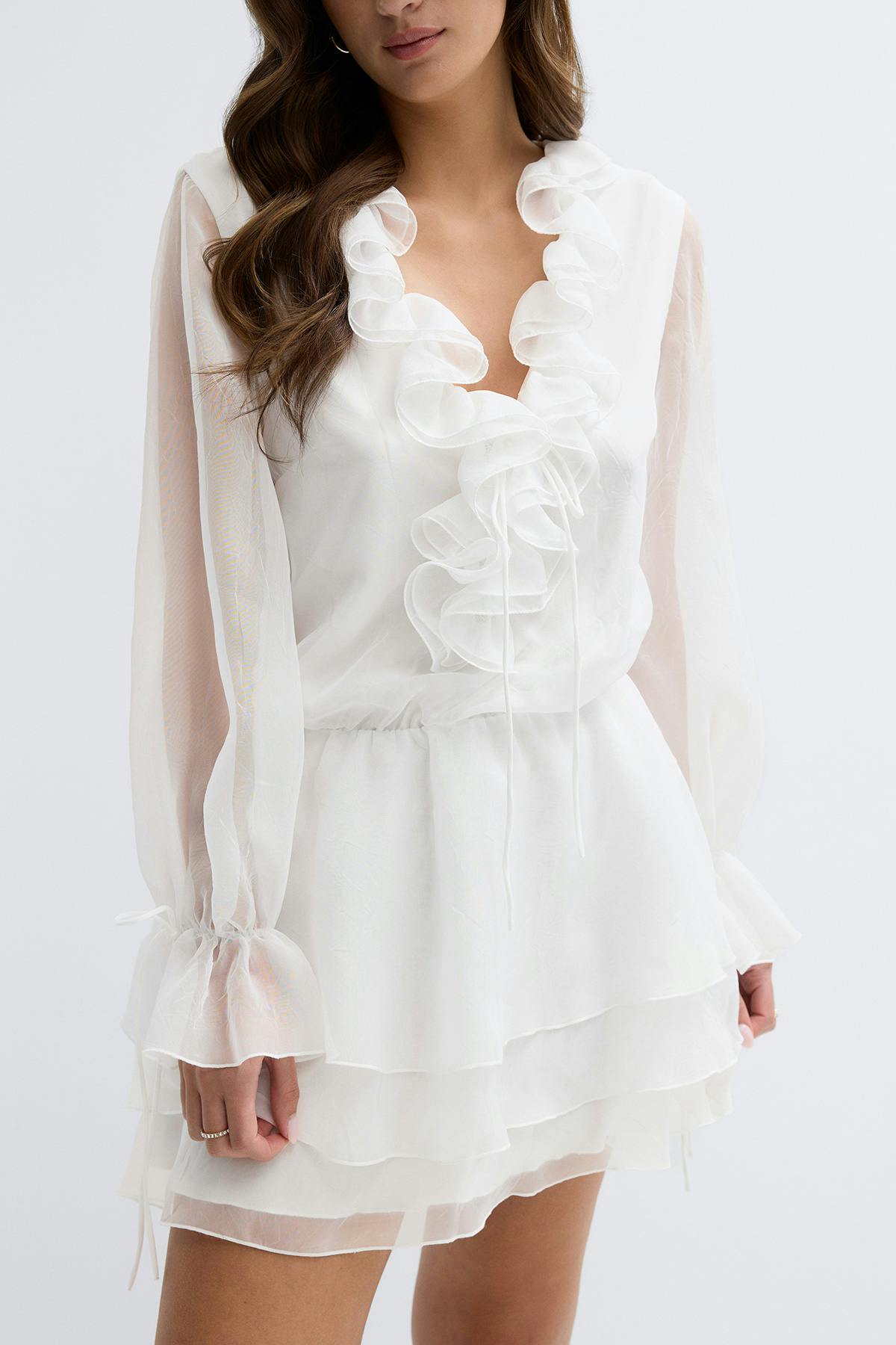 Long sleeve frill mini dress - Blanc cassé