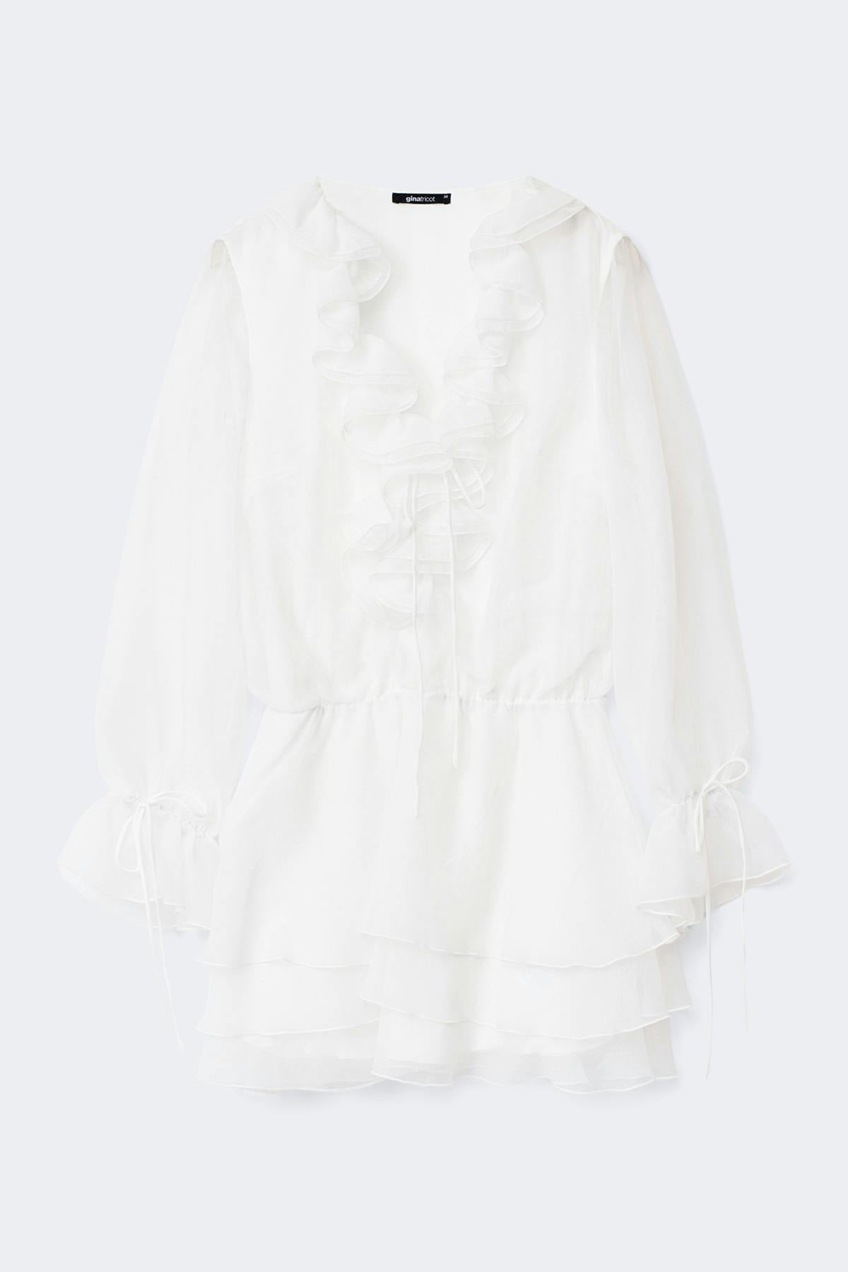 Long sleeve frill mini dress - Blanc cassé