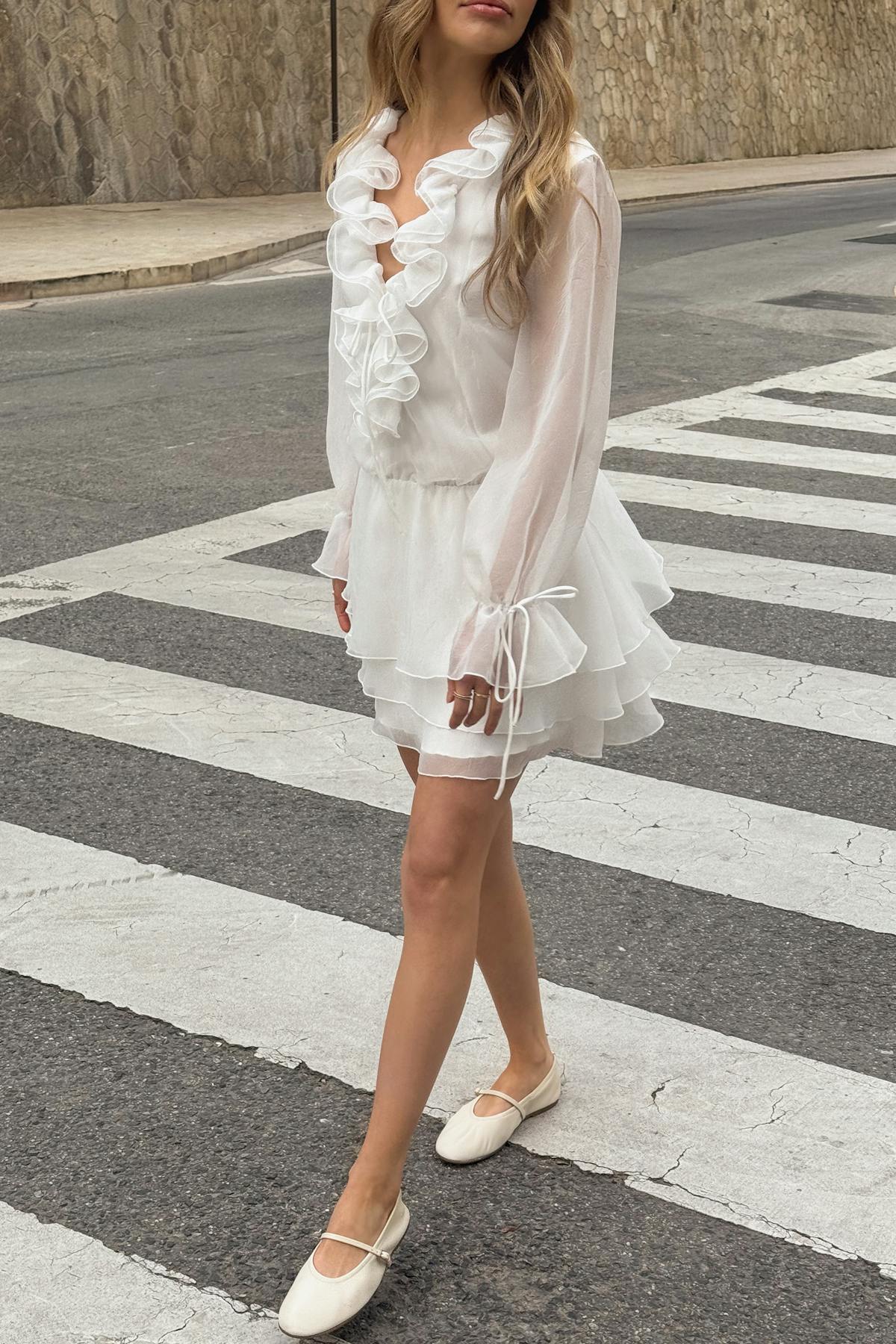 Long sleeve frill mini dress - Blanc cassé