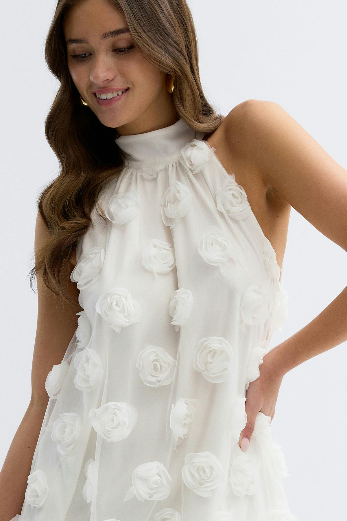 Wide halterneck mini dress - Blanc cassé