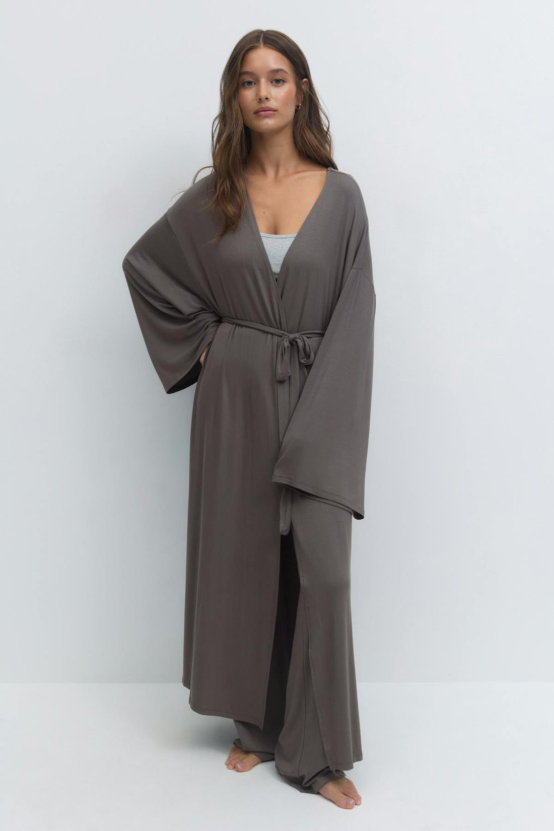 Soft slit loungewear robe - Stone