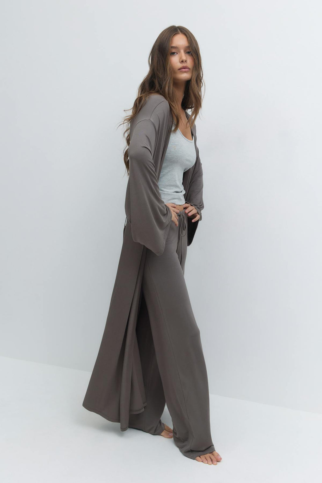 Soft slit loungewear robe - Stone