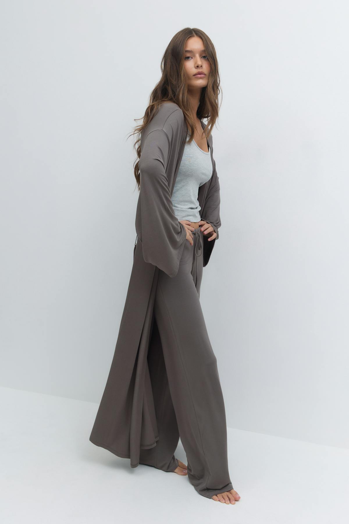 Soft slit loungewear robe - Stone