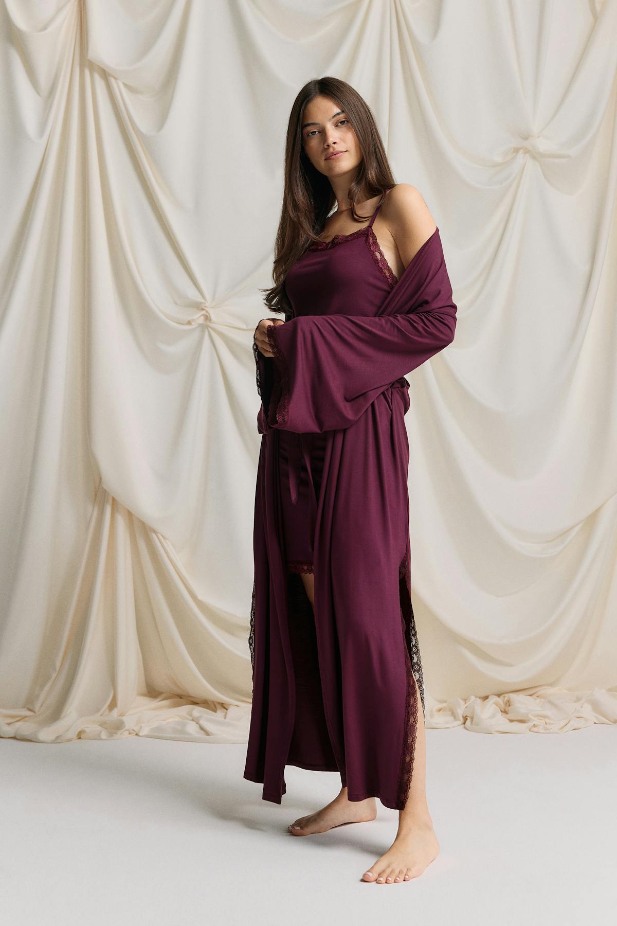 Soft lace loungewear robe - Bordeaux