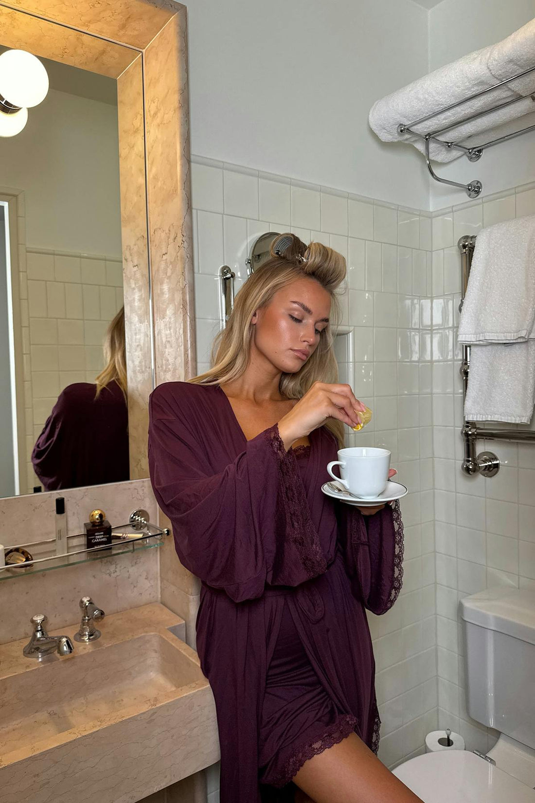 Soft lace loungewear robe - Bordeaux