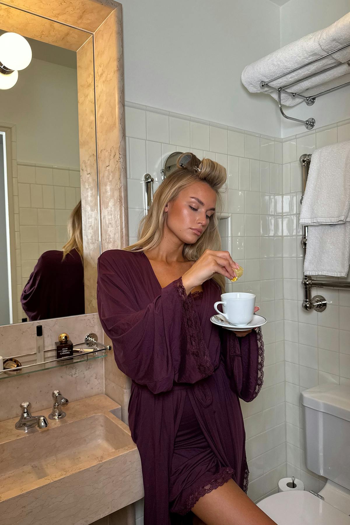 Soft lace loungewear robe - Bordeaux