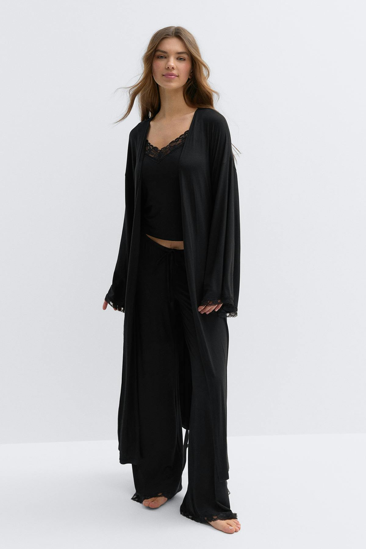 Soft lace loungewear robe - Noir
