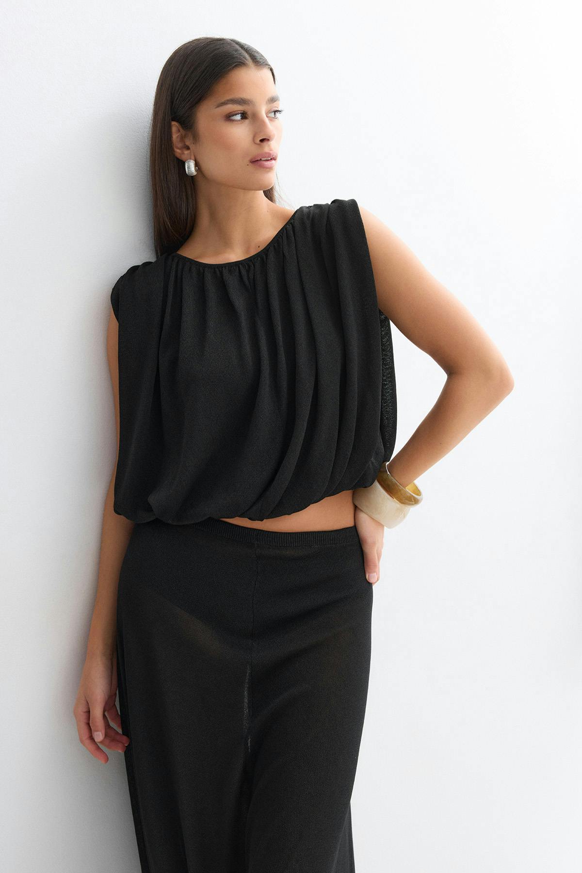 Bubble hem knitted top - Noir