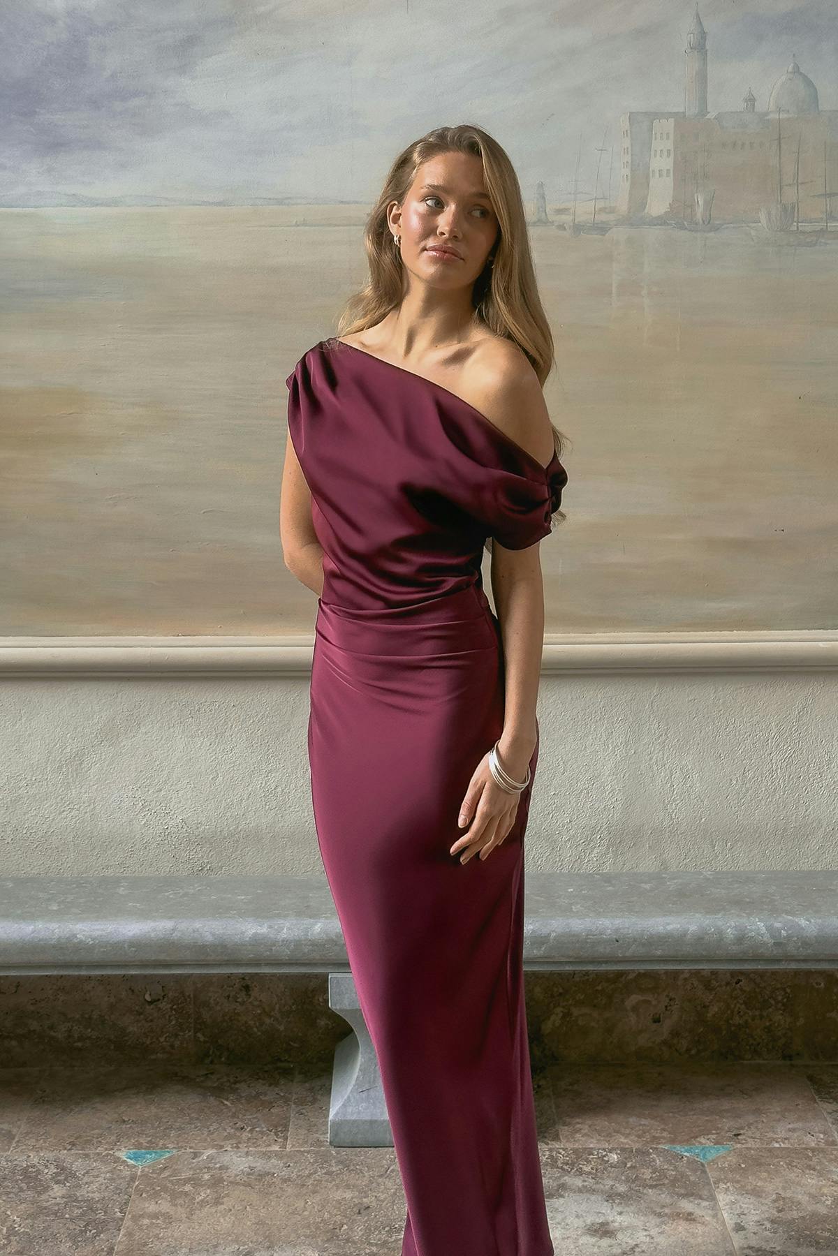 Draped satin maxi dress - Bordeaux