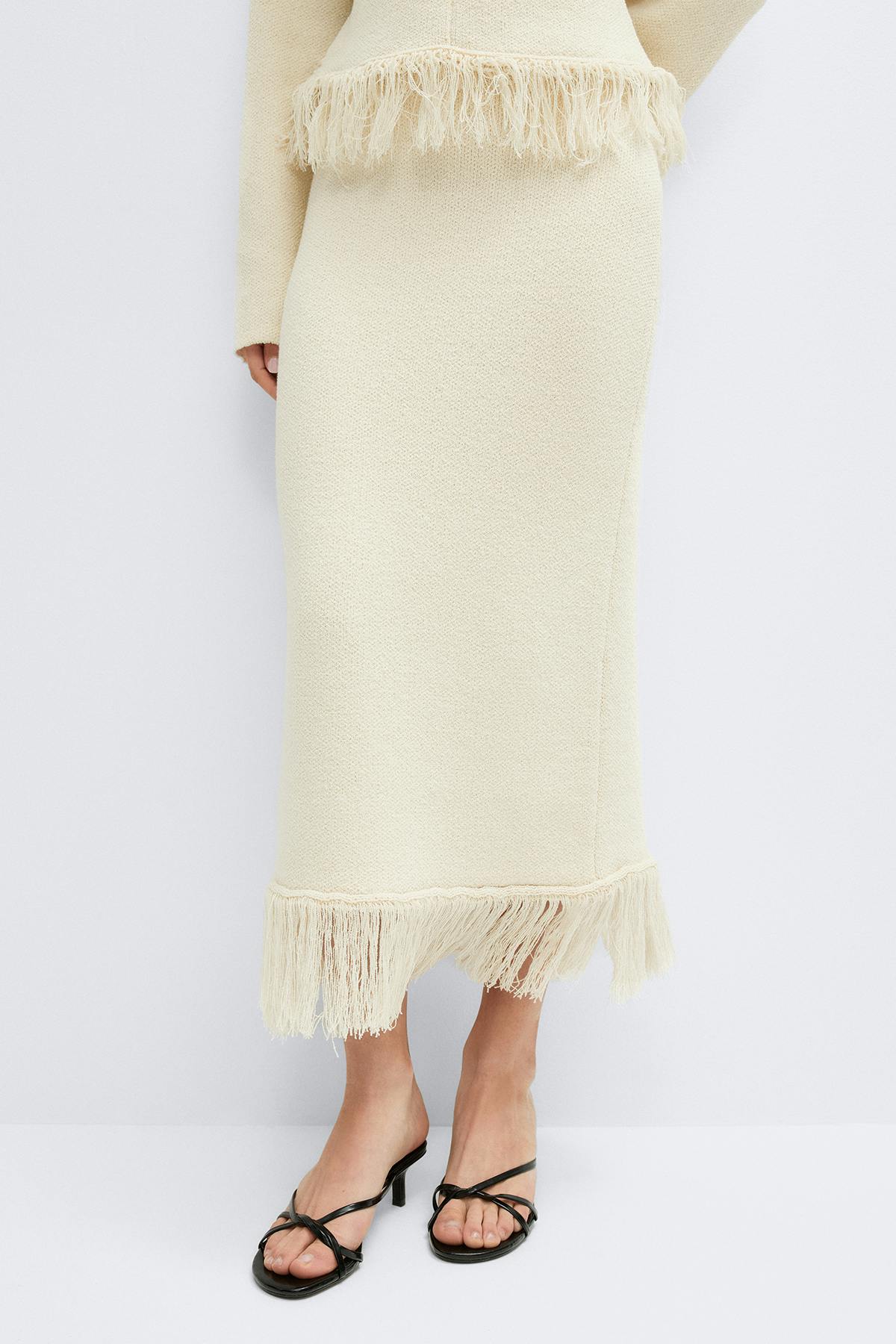 Knitted fringe skirt - Crème