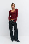 V-neck lace detail top - Navy blazer