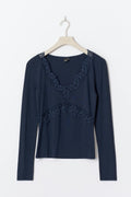 V-neck lace detail top - Navy blazer