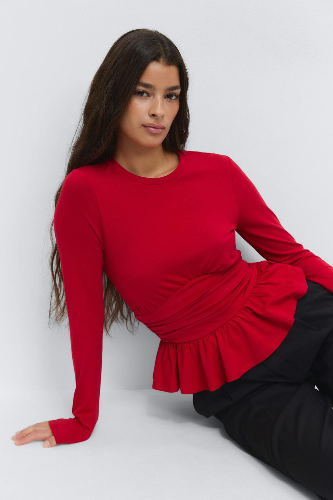 Long sleeve peplum top - Haute red