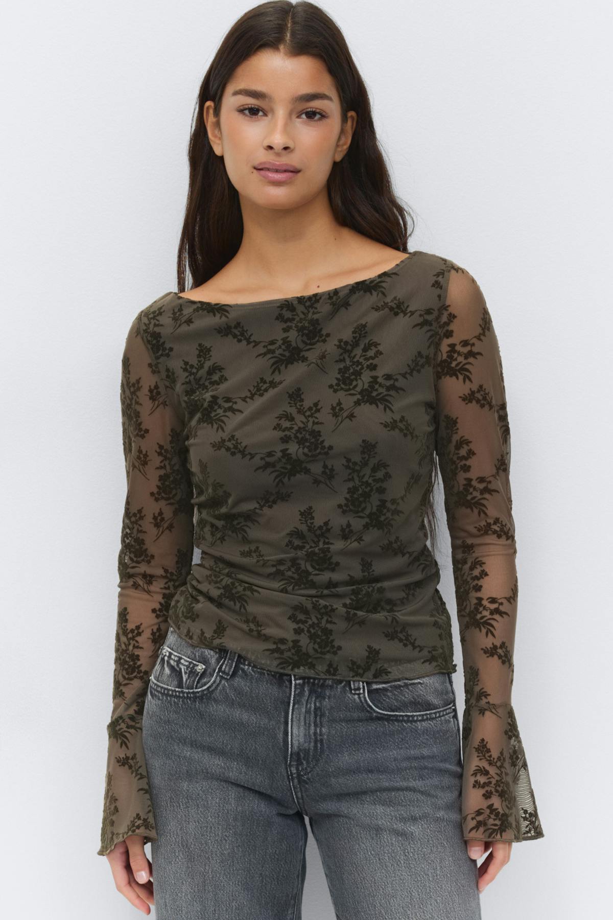 Floral flare sleeve top - Noir