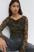 Floral flare sleeve top - Black olive