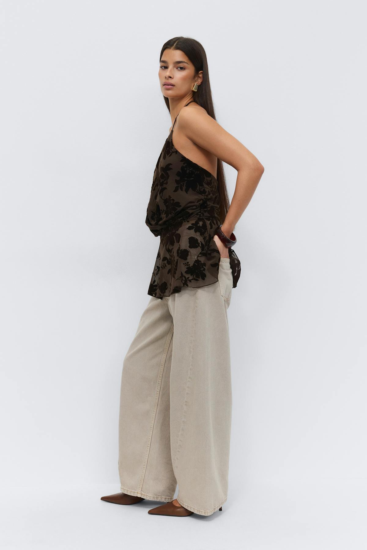Floral halterneck top - Marron foncé