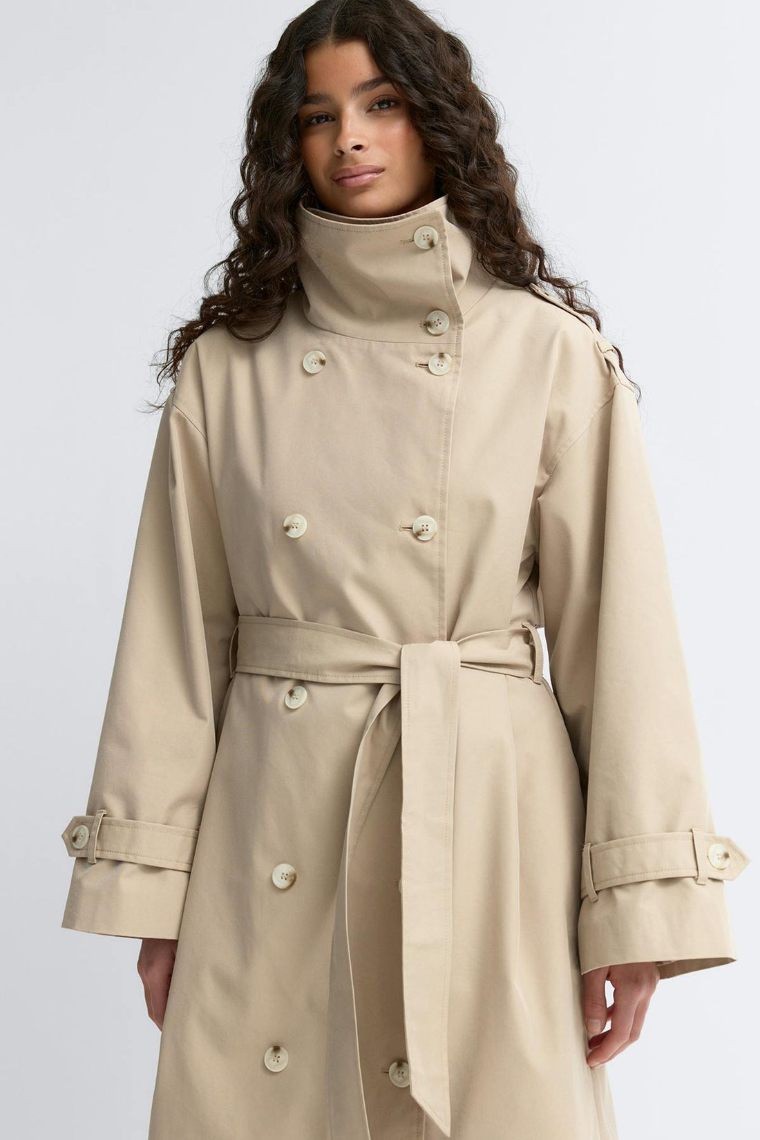High neck cotton trench coat - Khaki beige