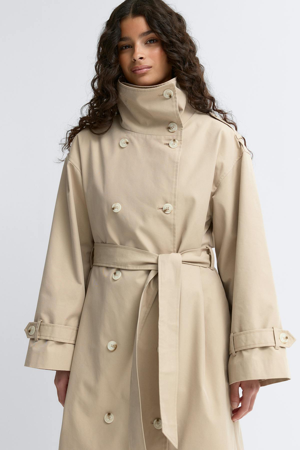 High neck cotton trench coat - Khaki beige