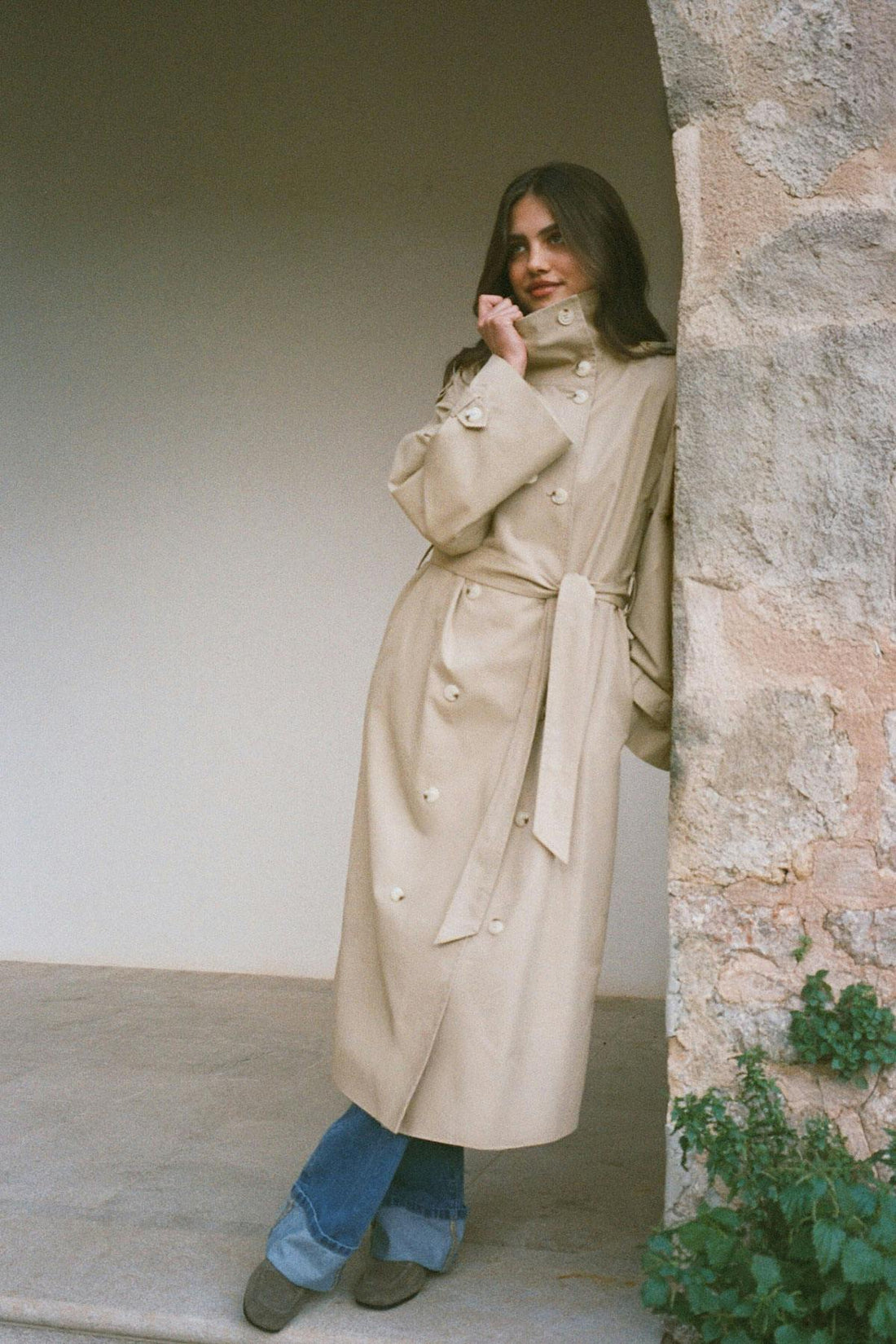 High neck cotton trench coat - Khaki beige