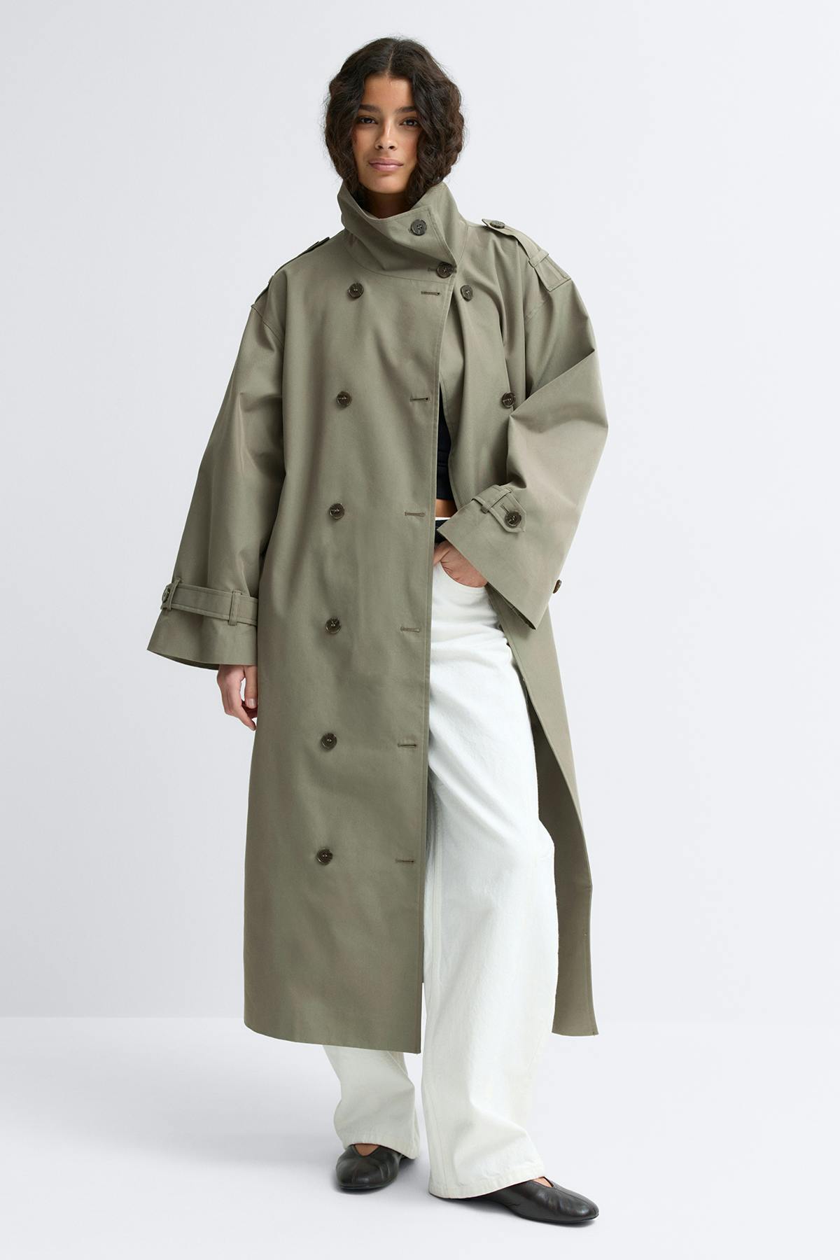 High neck cotton trench coat - Khaki beige