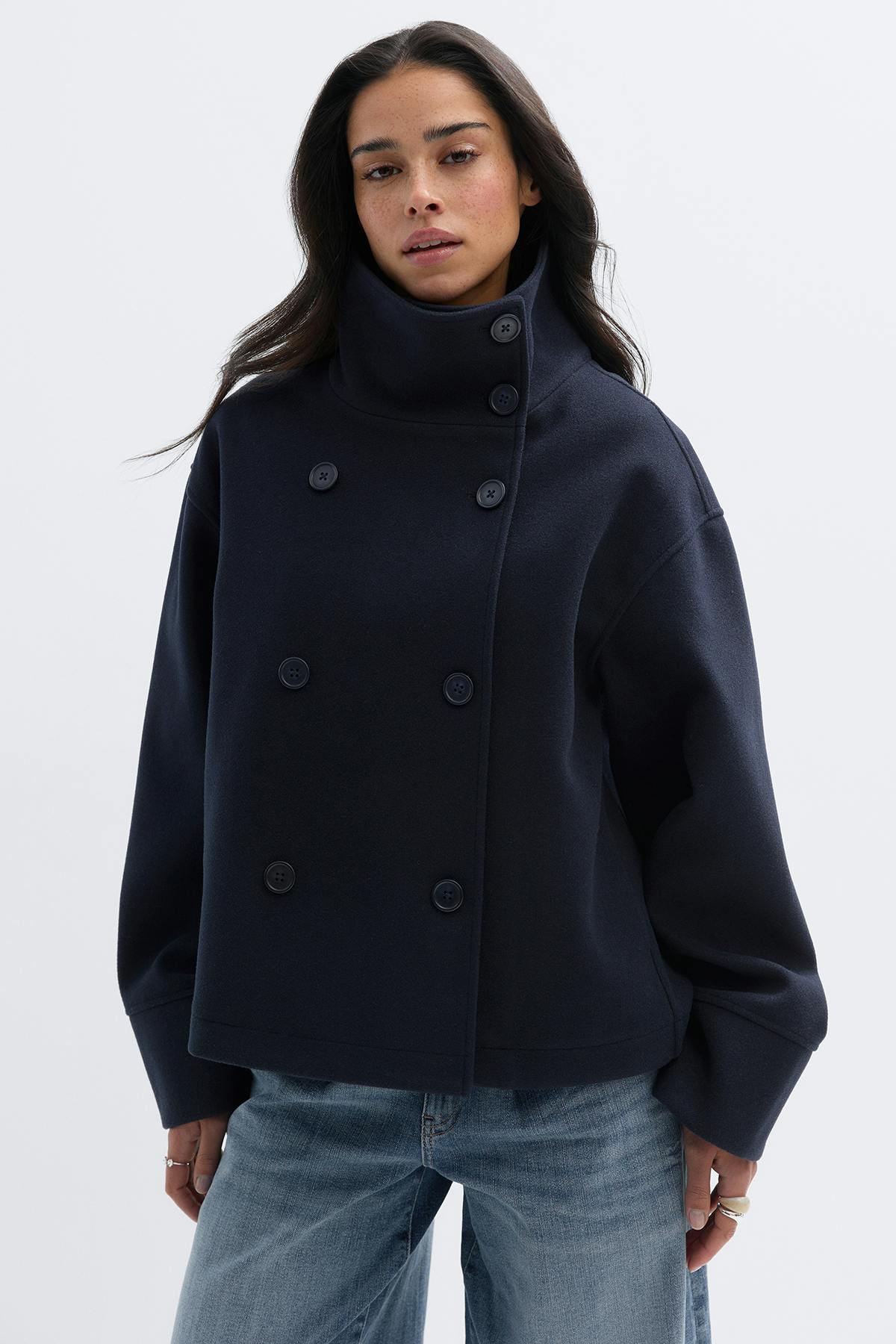 High neck short felt jacket - Dk beige melange