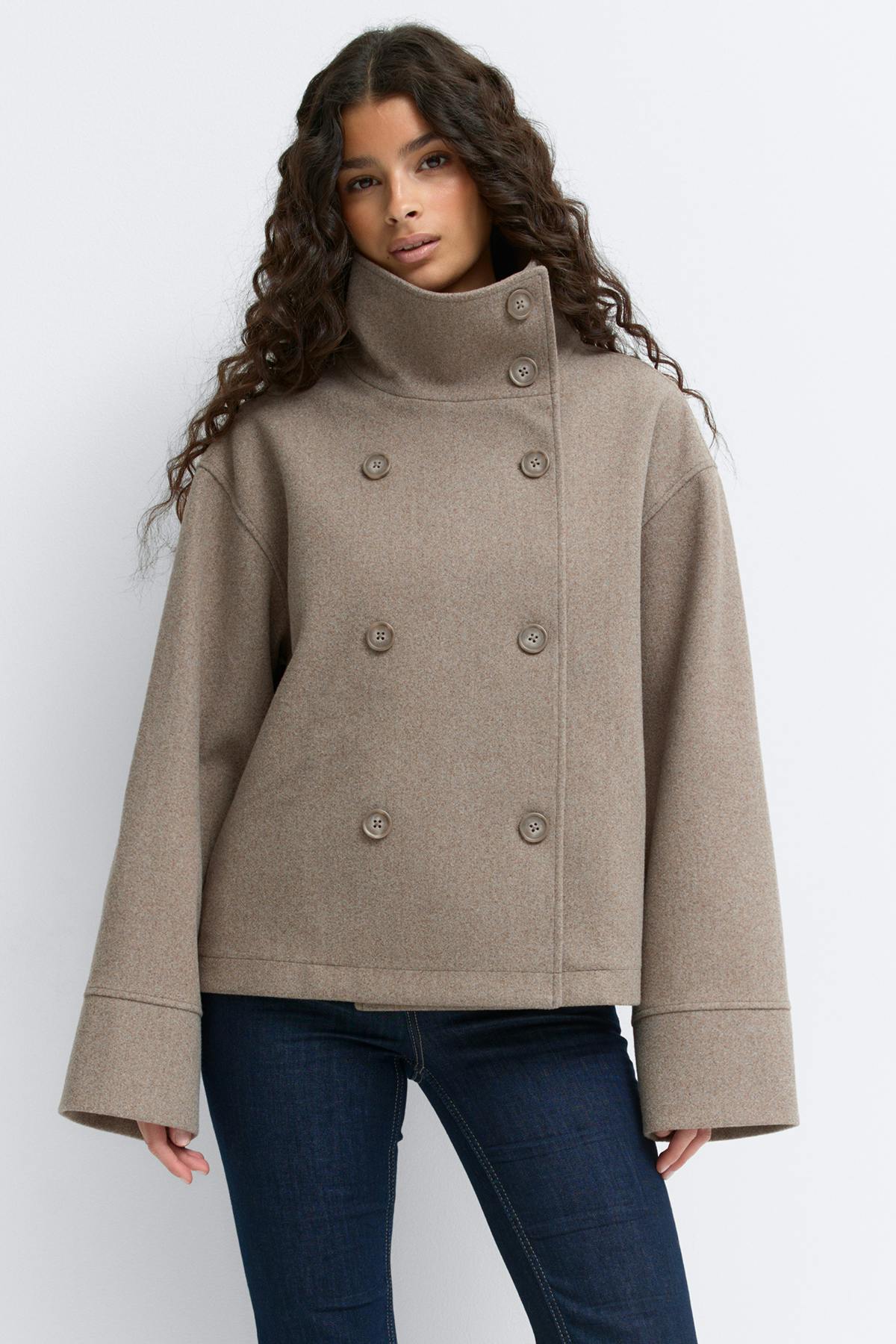 High neck short felt jacket - Dk beige melange