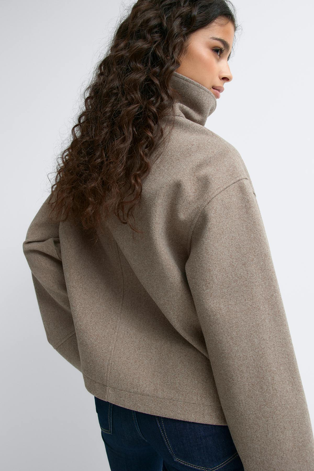 High neck short felt jacket - Dk beige melange