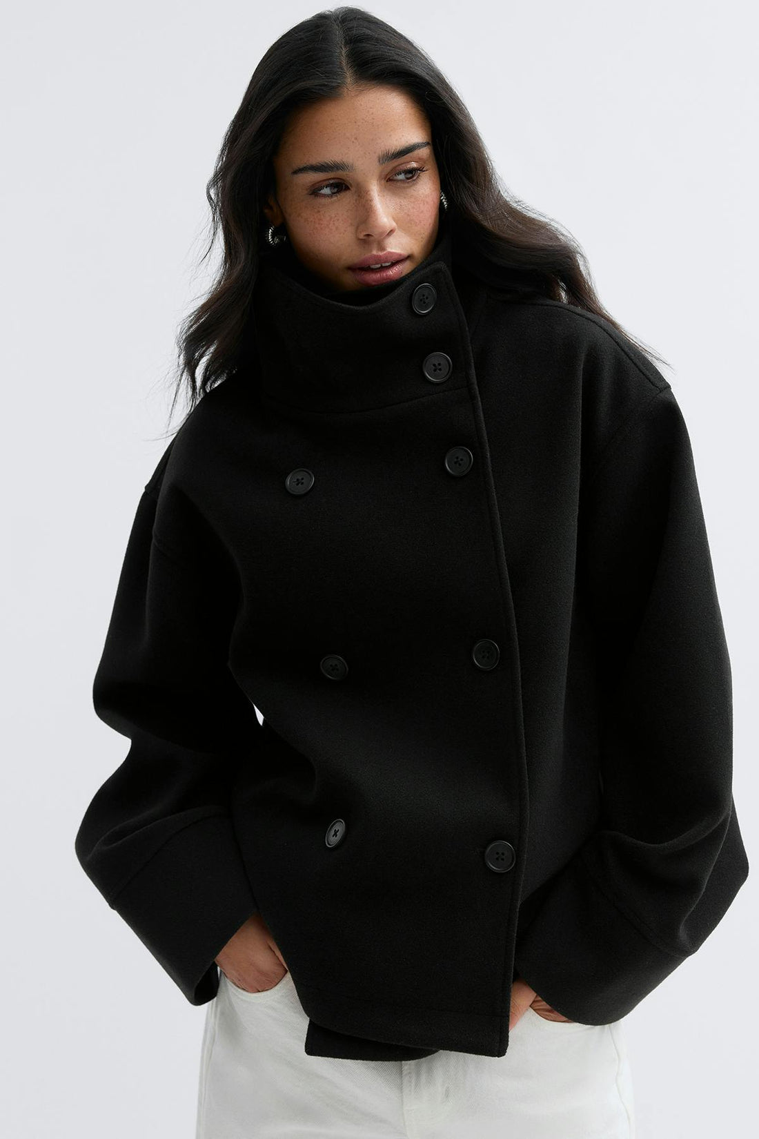 High neck short felt jacket - Noir