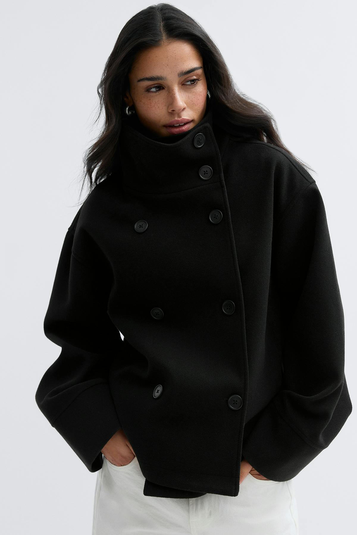 High neck short felt jacket - Noir