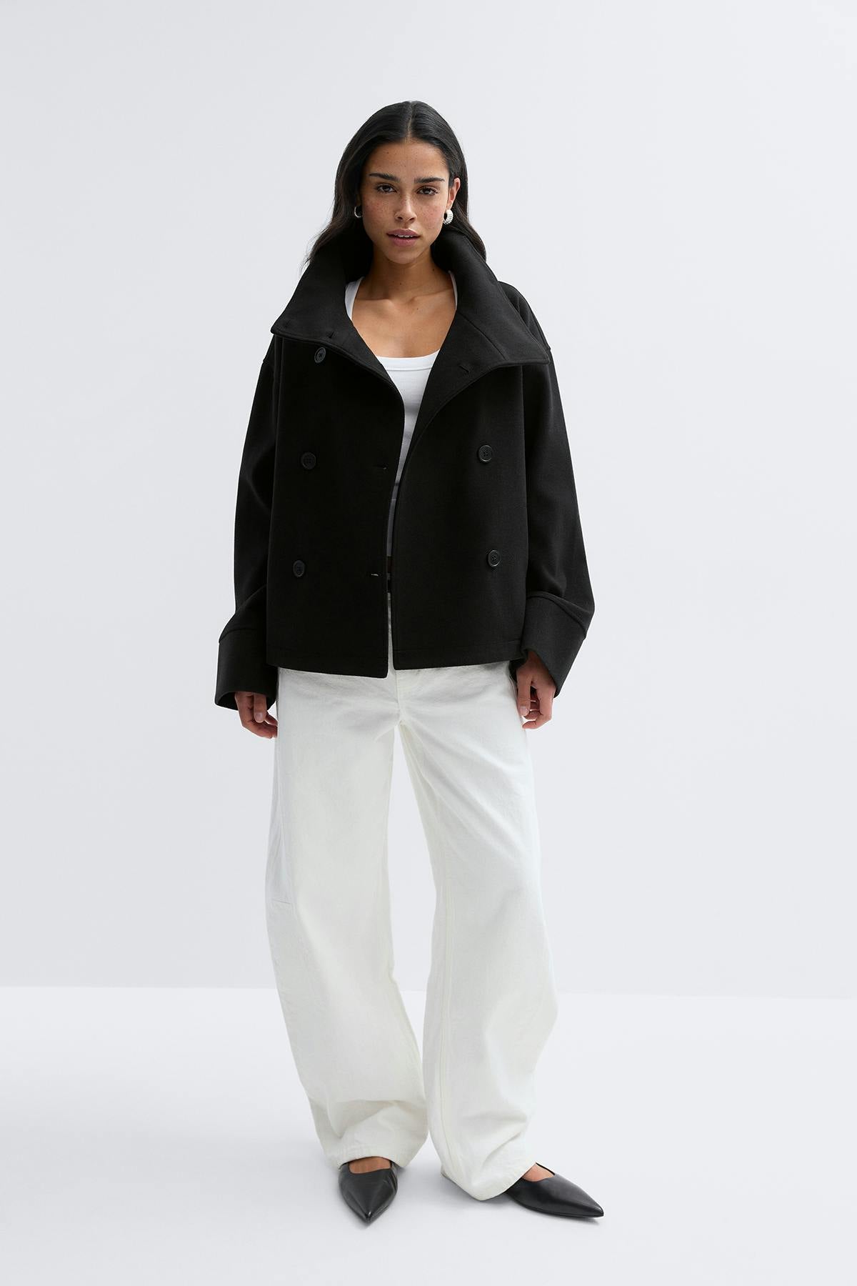 High neck short felt jacket - Noir