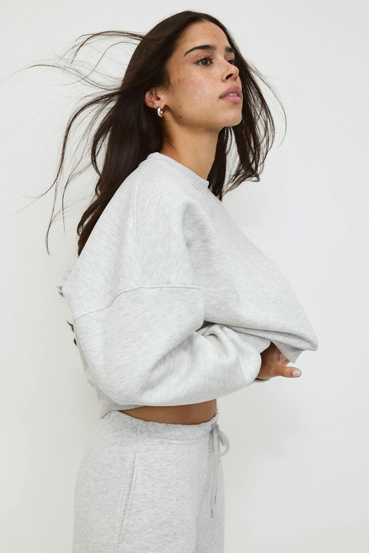Crop crewneck sweater - Lt grey melange