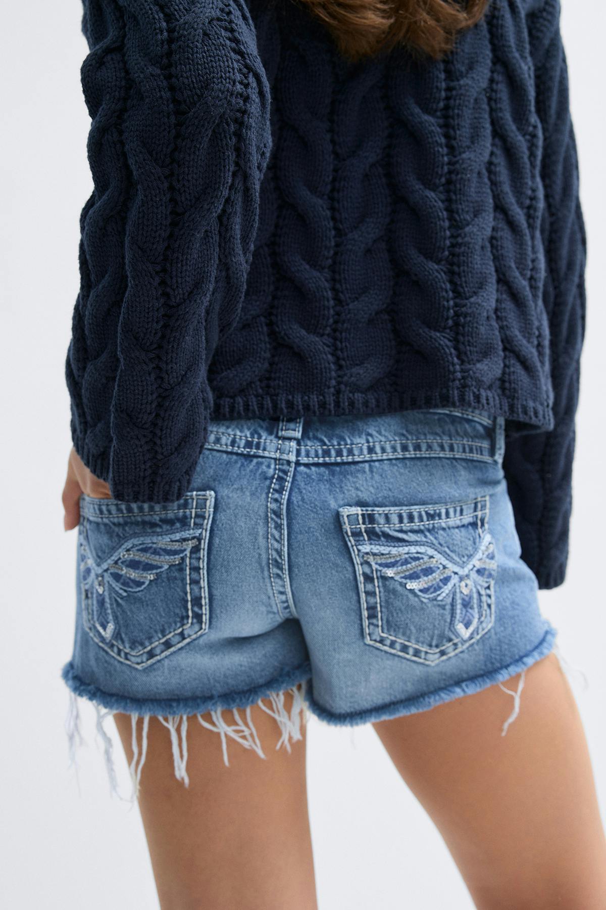 Y sparkle low denim shorts - Mid blue