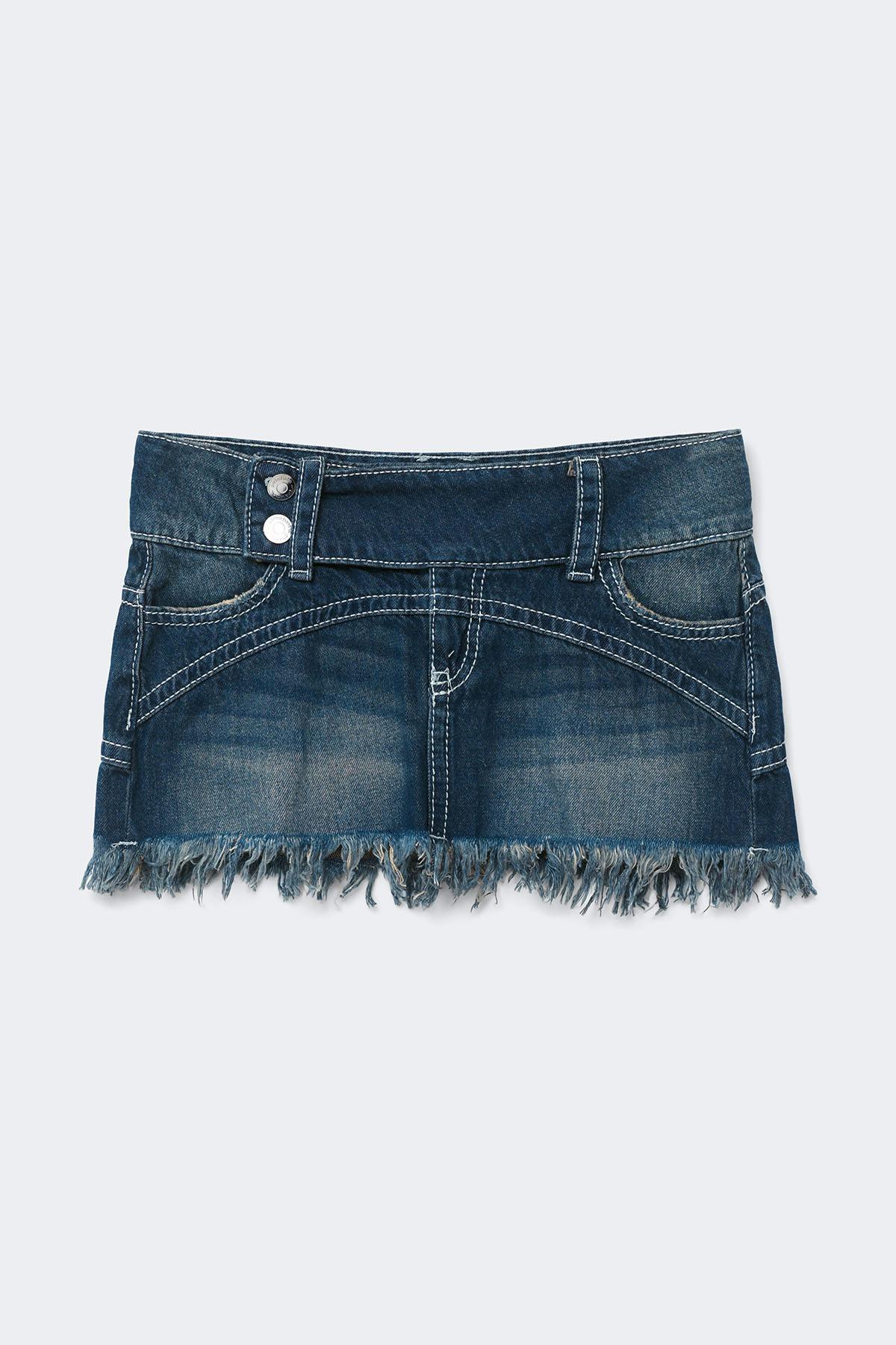 14+ pleated low denim skirt - Dusty blue